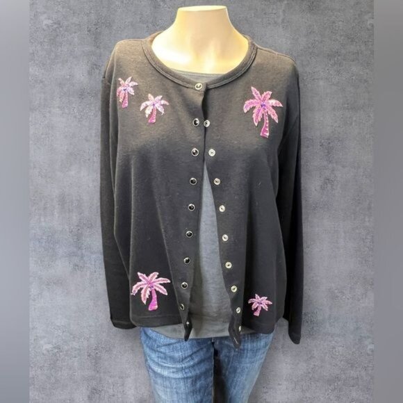 Reference Point Black Cardigan with Pink Palm Tree Embroidery - Size L - Picture 3 of 8